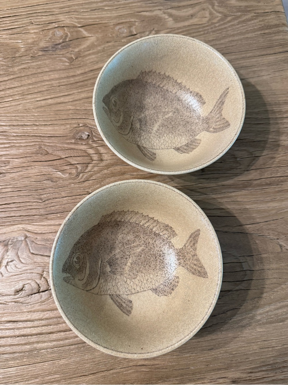 Vintage Japanese Sushi Rice Soup Bowl Pottery Flounder Fish Signed Set of 2